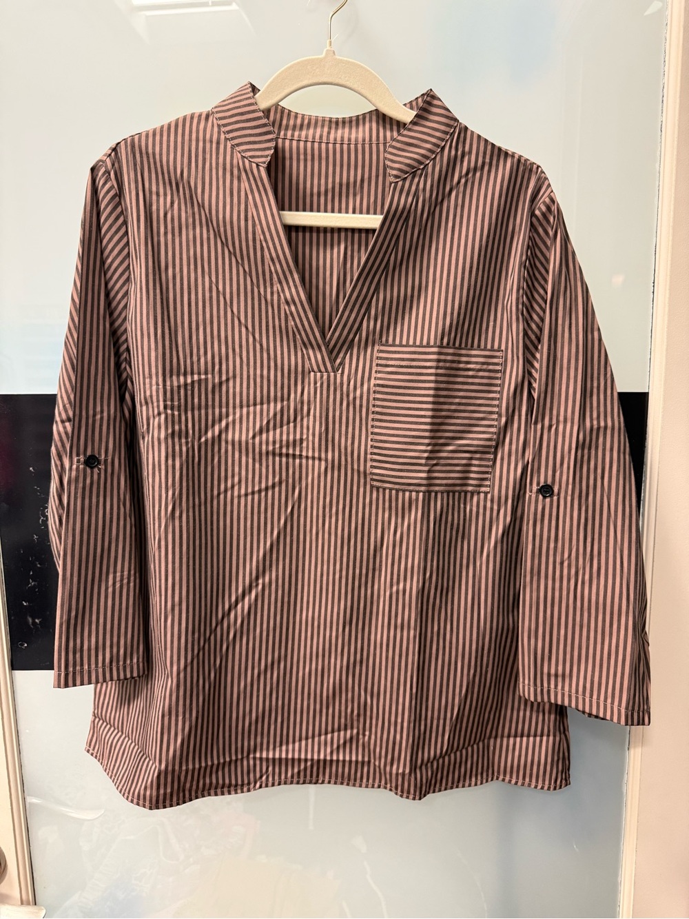 Striped V-Neck Pocket Tunic Top - Brown/Pink